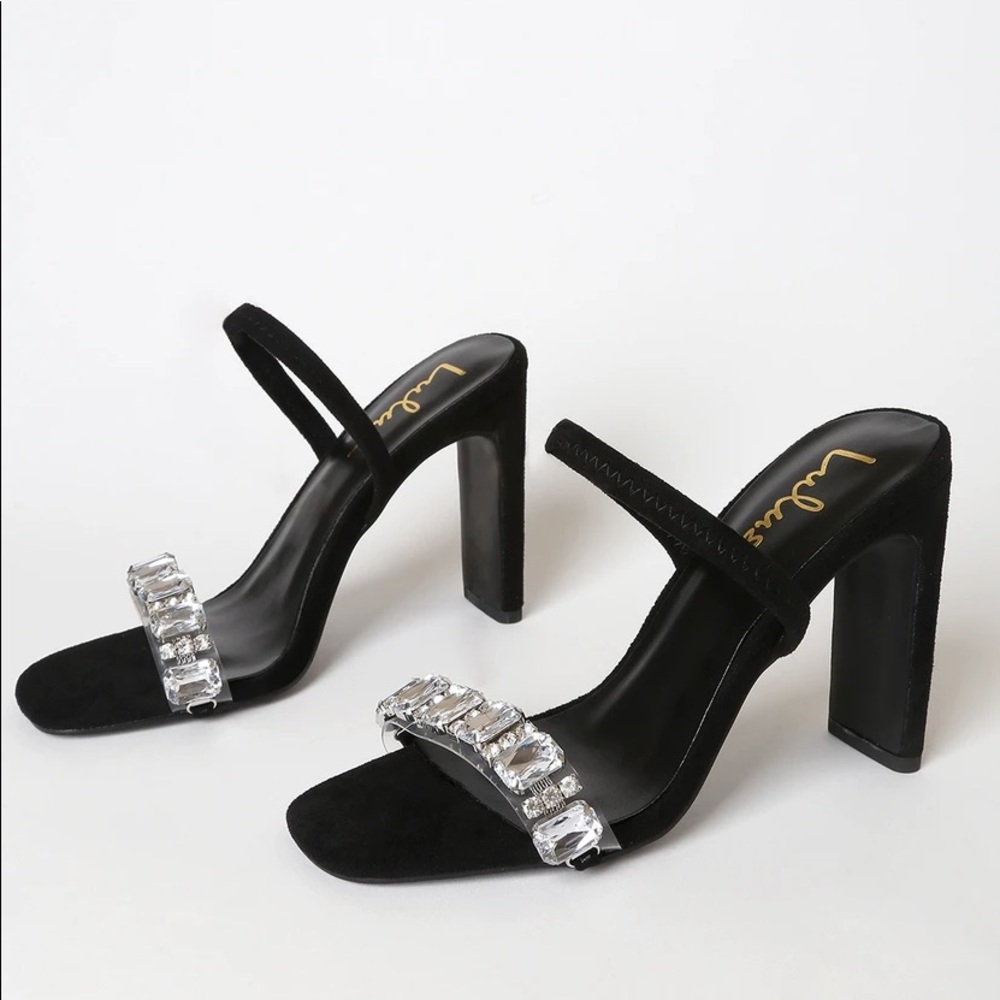 Black Suede Rhinestone High Heel Sandals - Picture 2 of 4